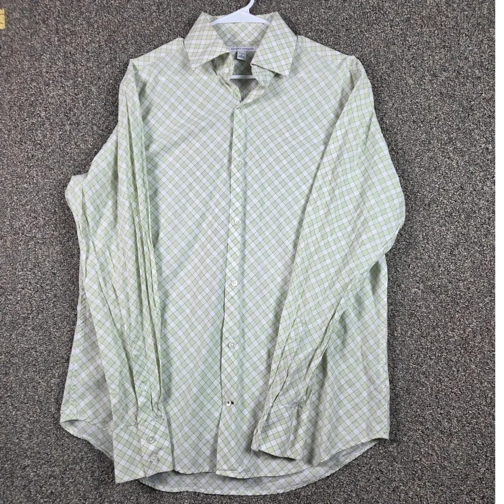 Banana Republic Button Down Mens L Green White Plaid Long Sleeve Dress Shirt